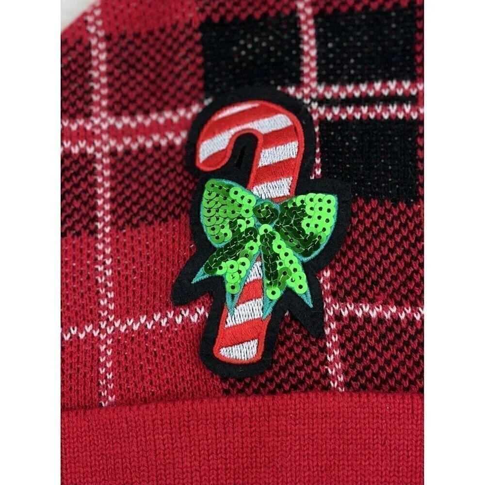 Ugly Sweater Christmas Beanie Hat Cap Sequin Candy Cane Red Black Plaid Pom Pom